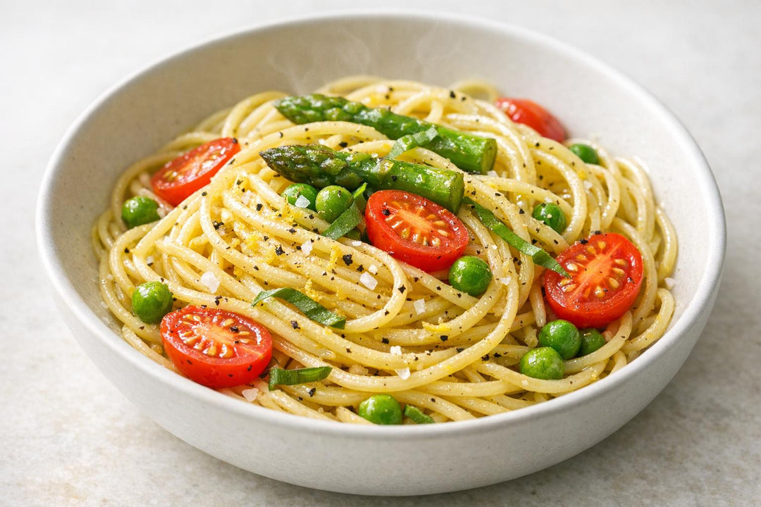 Seasonal Vegan Pasta with Lemon Olive Oil