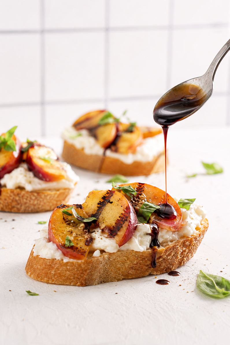 Grilled Peach & Burrata Crostini with Traditional Aged Balsamic