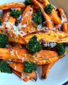 Crispy Baked Sweet Potato Fries with Asiago & Pesto Recipe